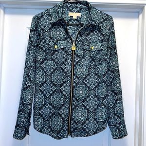 Women’s Small Michael Kors Blue/Green Long Sleeve Zip Up Blouse